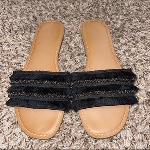 Black fringe slide on sandals